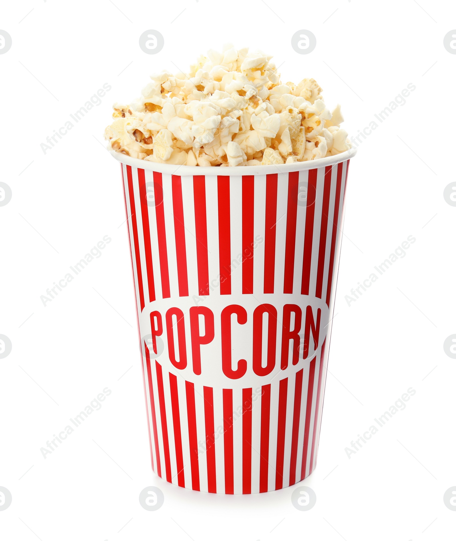 Photo of Carton cup with delicious fresh popcorn on white background