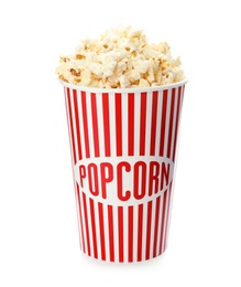 Photo of Carton cup with delicious fresh popcorn on white background