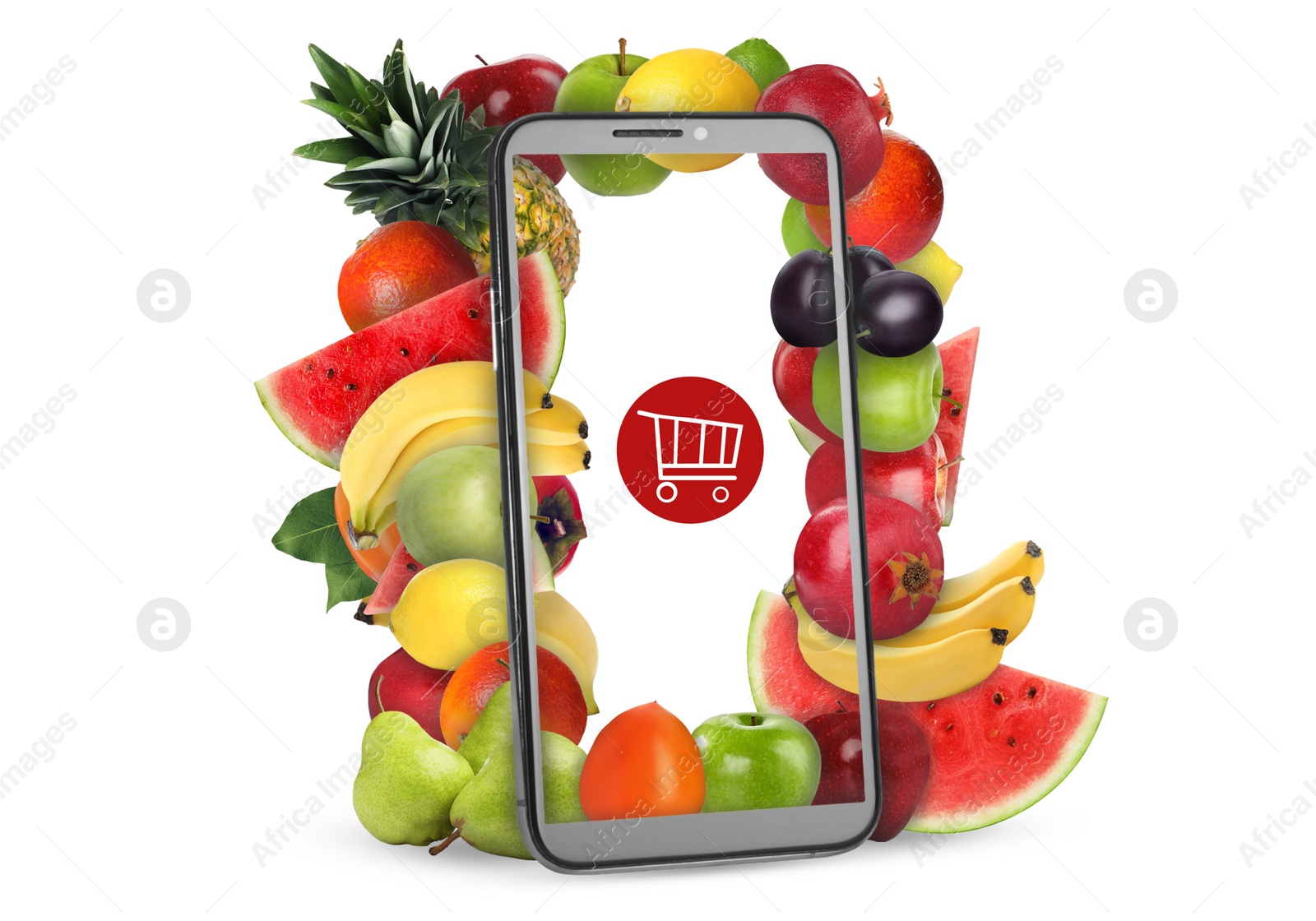 Image of Online purchases. Shopping cart icon and different fruits coming out of smartphone screen on white background