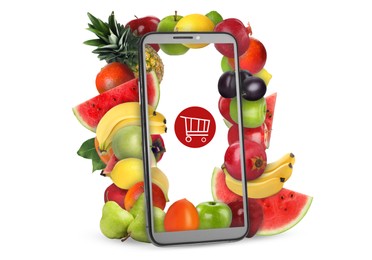 Online purchases. Shopping cart icon and different fruits coming out of smartphone screen on white background