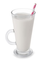 Photo of Glass of fresh milk with straw isolated on white