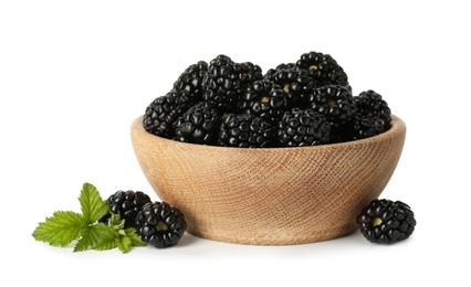 Photo of Bowl and fresh ripe blackberries on white background
