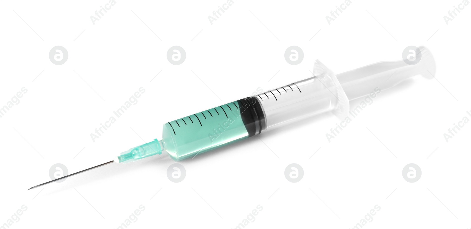 Photo of Plastic syringe with medicament on white background. Medical care