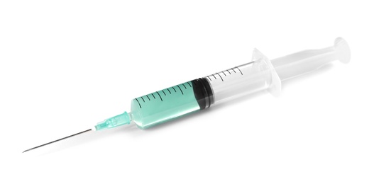 Plastic syringe with medicament on white background. Medical care