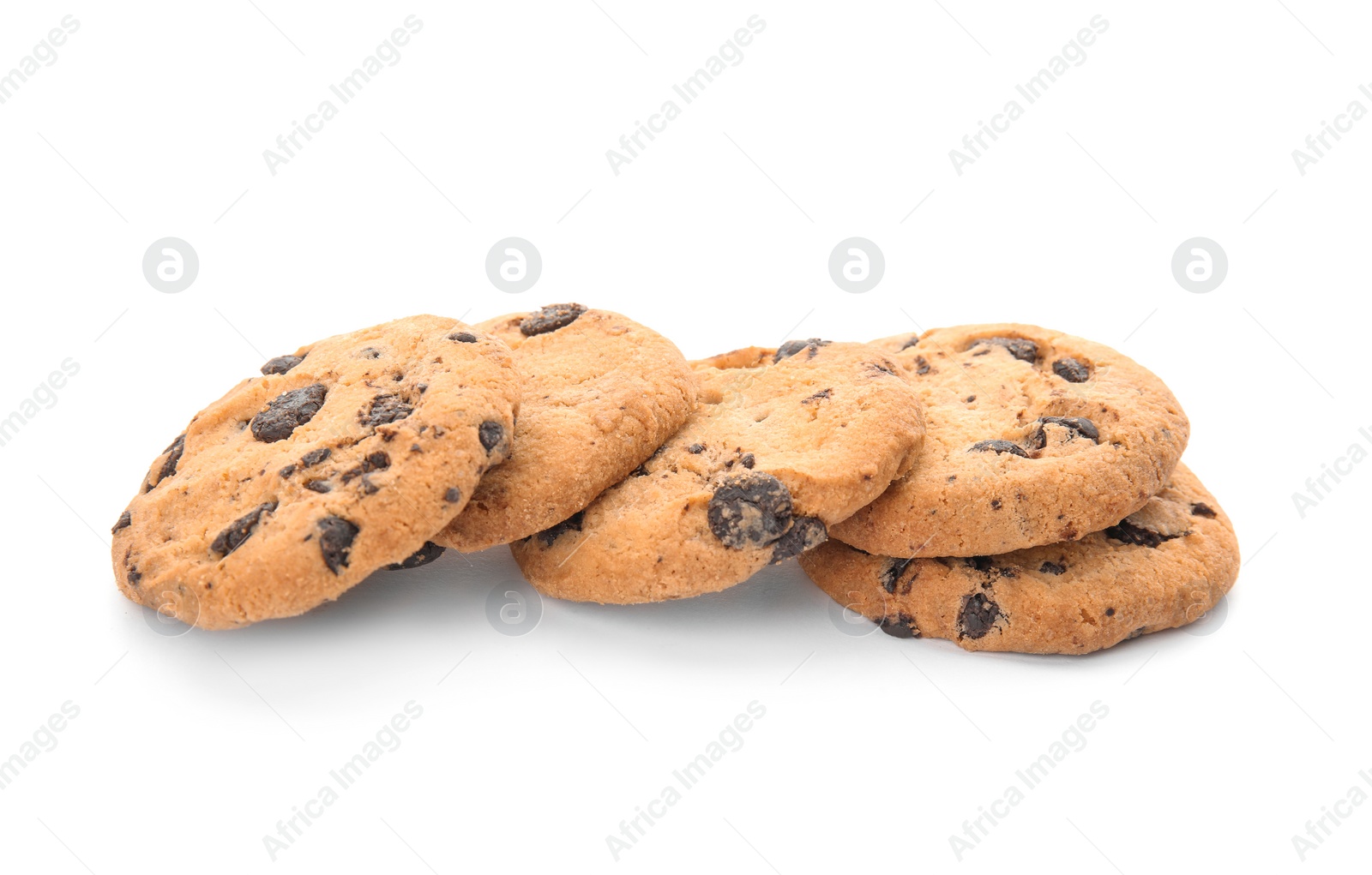 Photo of Pile of tasty chocolate chip cookies on white background