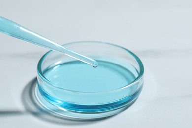 Dripping liquid from pipette into petri dish at white table, closeup