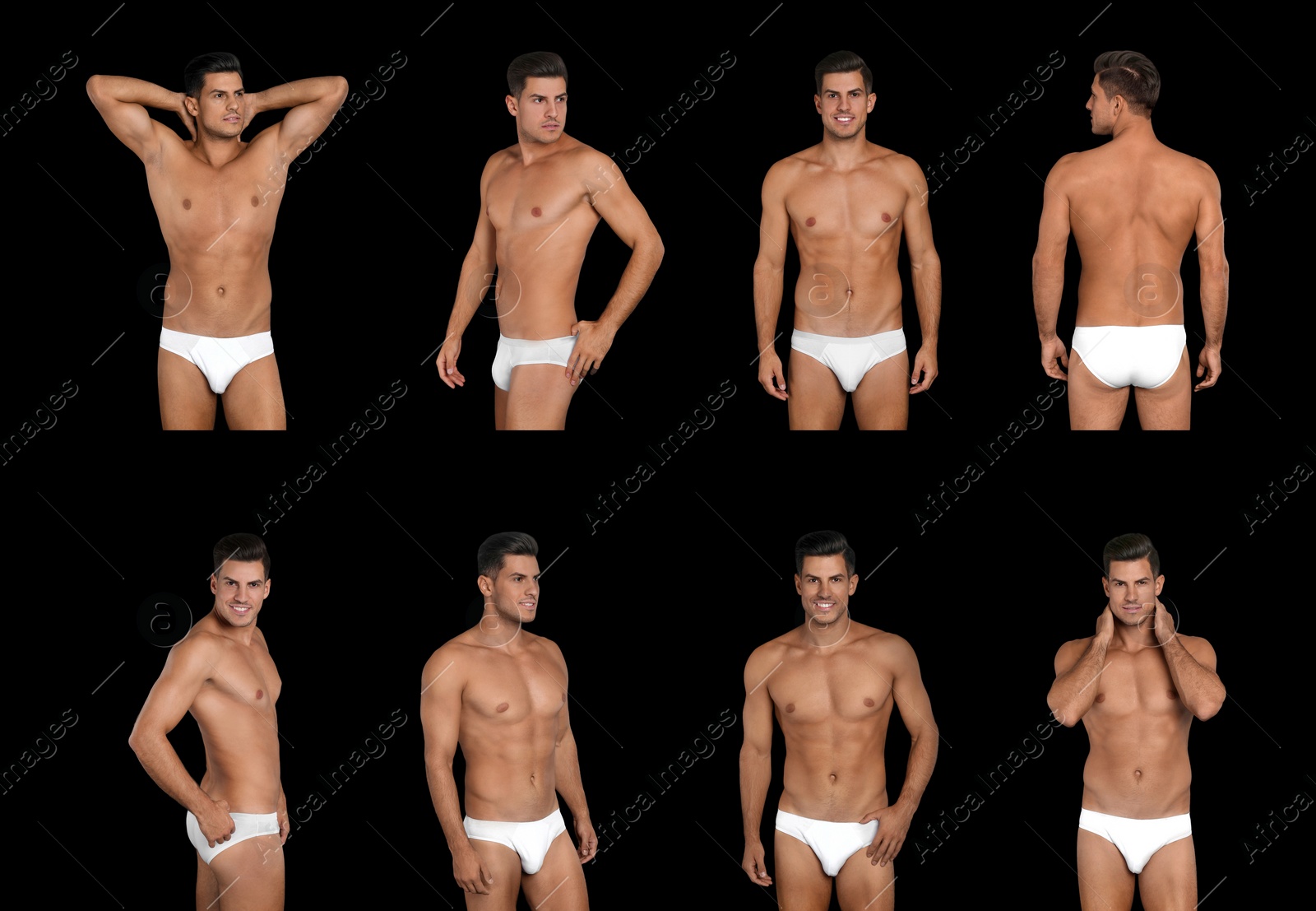 Image of Collage of man in underwear on black background