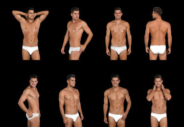 Image of Collage of man in underwear on black background