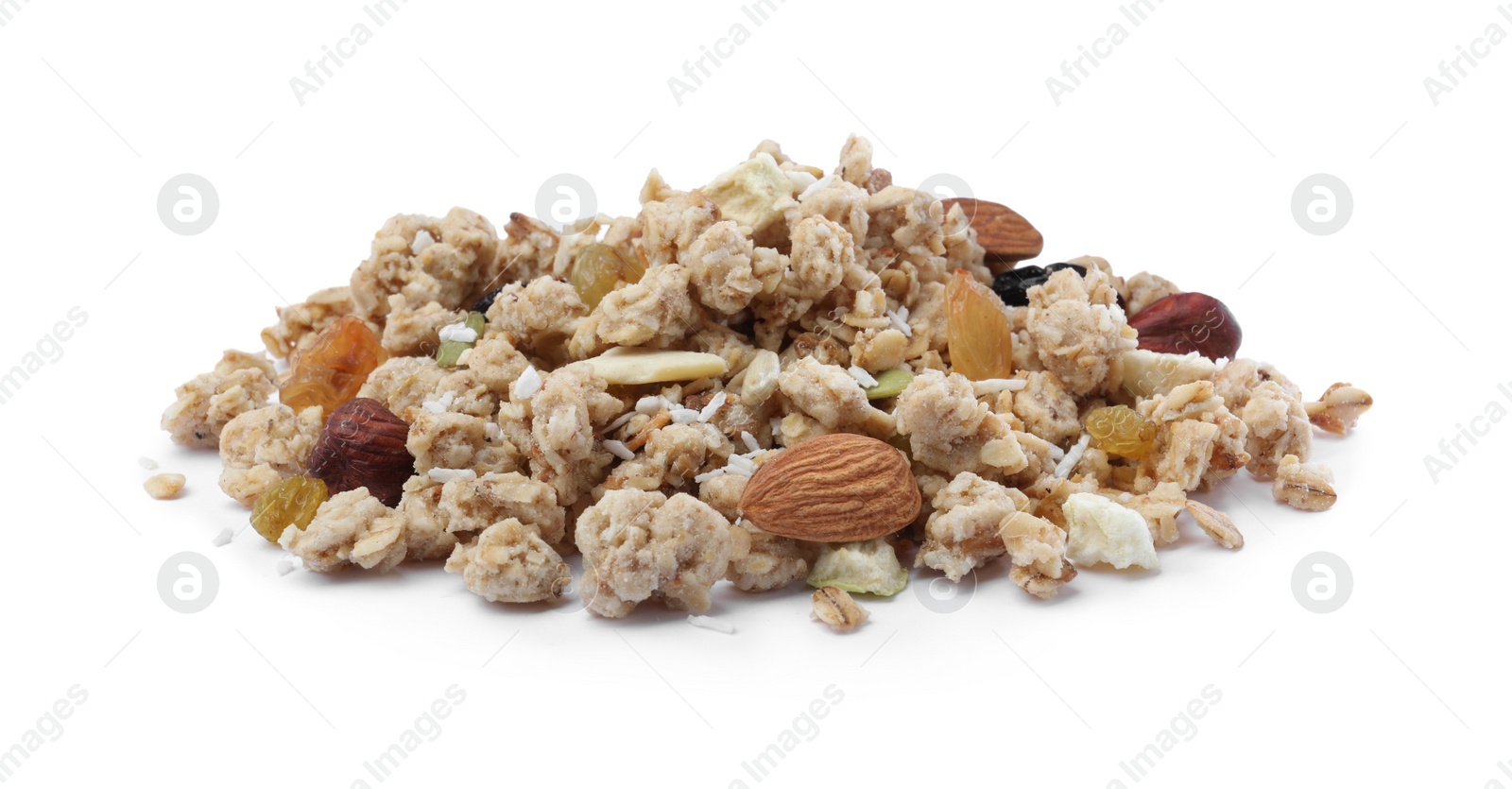 Photo of Pile of granola on white background. Healthy snack