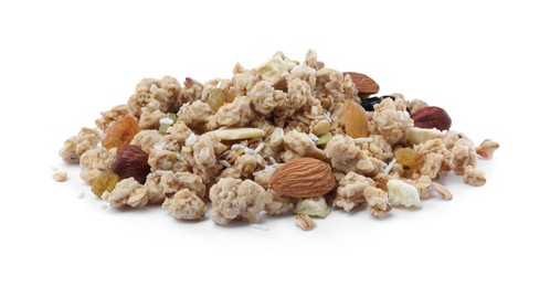 Photo of Pile of granola on white background. Healthy snack