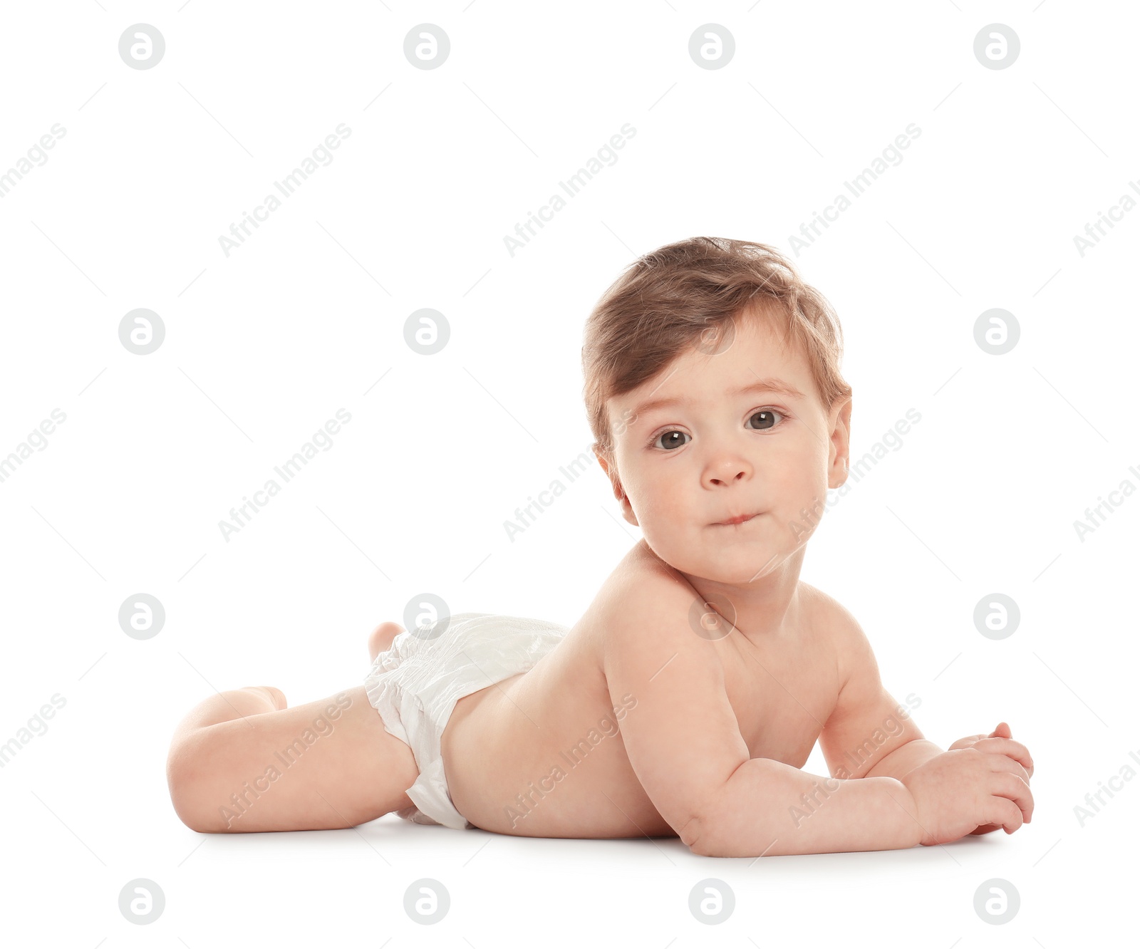 Photo of Cute little baby in diaper on white background