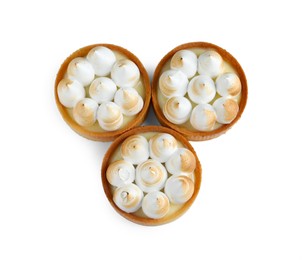 Photo of Tartlets with lemon curd and meringue isolated on white, top view. Delicious dessert