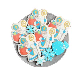 Tasty gingerbread cookies on white background, top view. St. Nicholas Day celebration