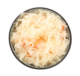 Photo of Bowl of tasty sauerkraut with carrot on white background, top view