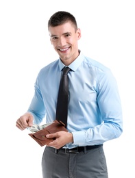 Photo of Handsome businessman with dollars in wallet on white background