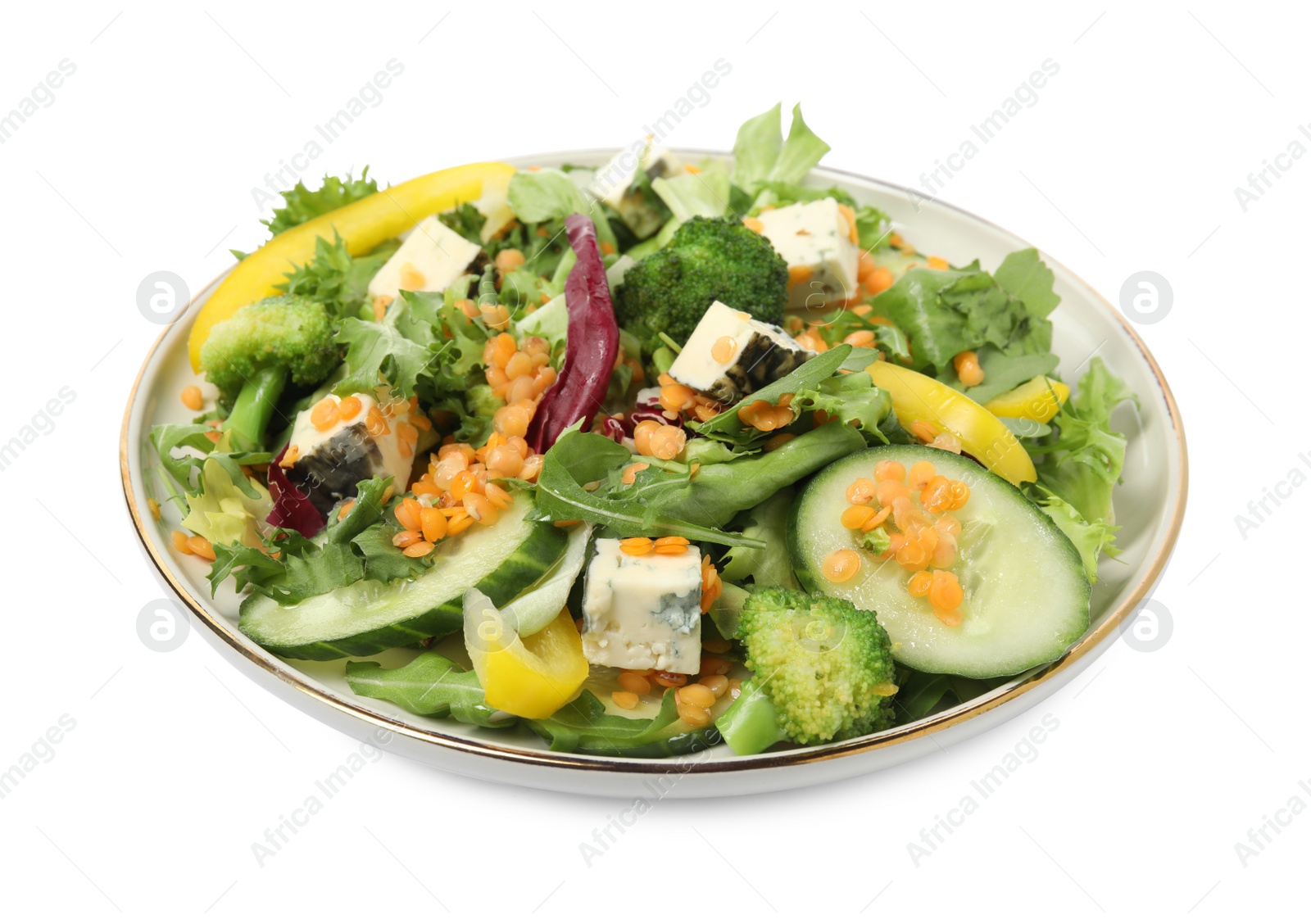 Photo of Plate of delicious salad with lentils, vegetables and cheese isolated on white