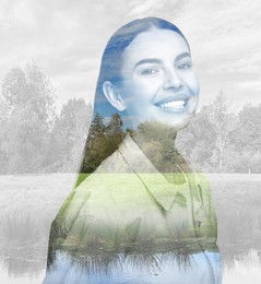 Beautiful woman and picturesque landscape, double exposure