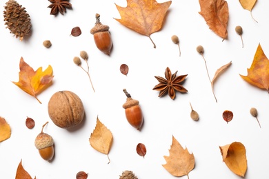 Photo of Flat lay composition with autumn leaves on white background