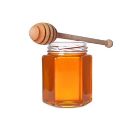 Photo of Tasty natural honey in glass jar and dipper isolated on white