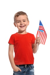 Photo of Little boy with American flag on white background