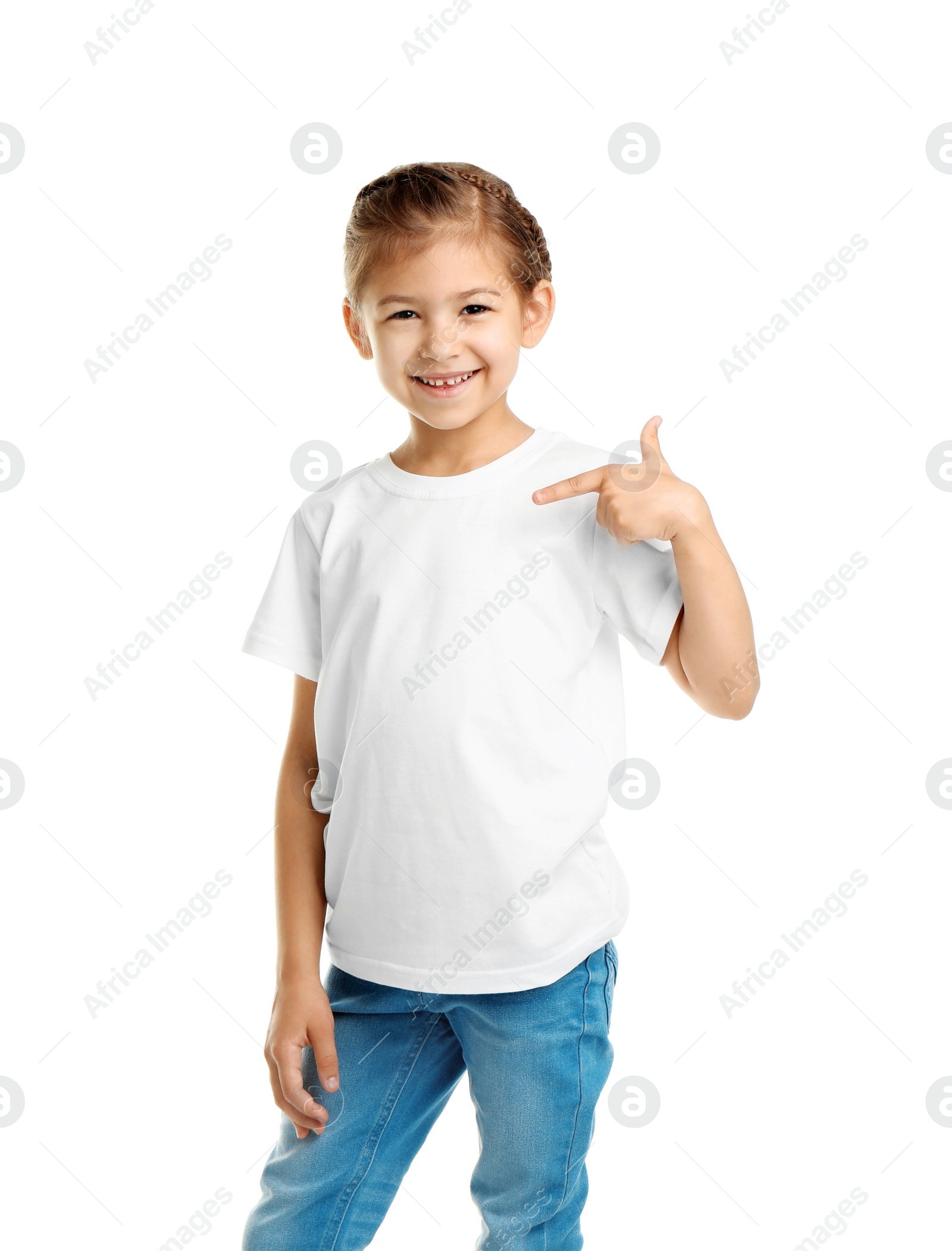 Photo of Little girl in t-shirt on white background. Mockup for design