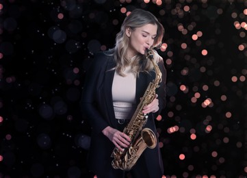 Image of Beautiful young woman in elegant suit playing saxophone on dark background. Bokeh effect