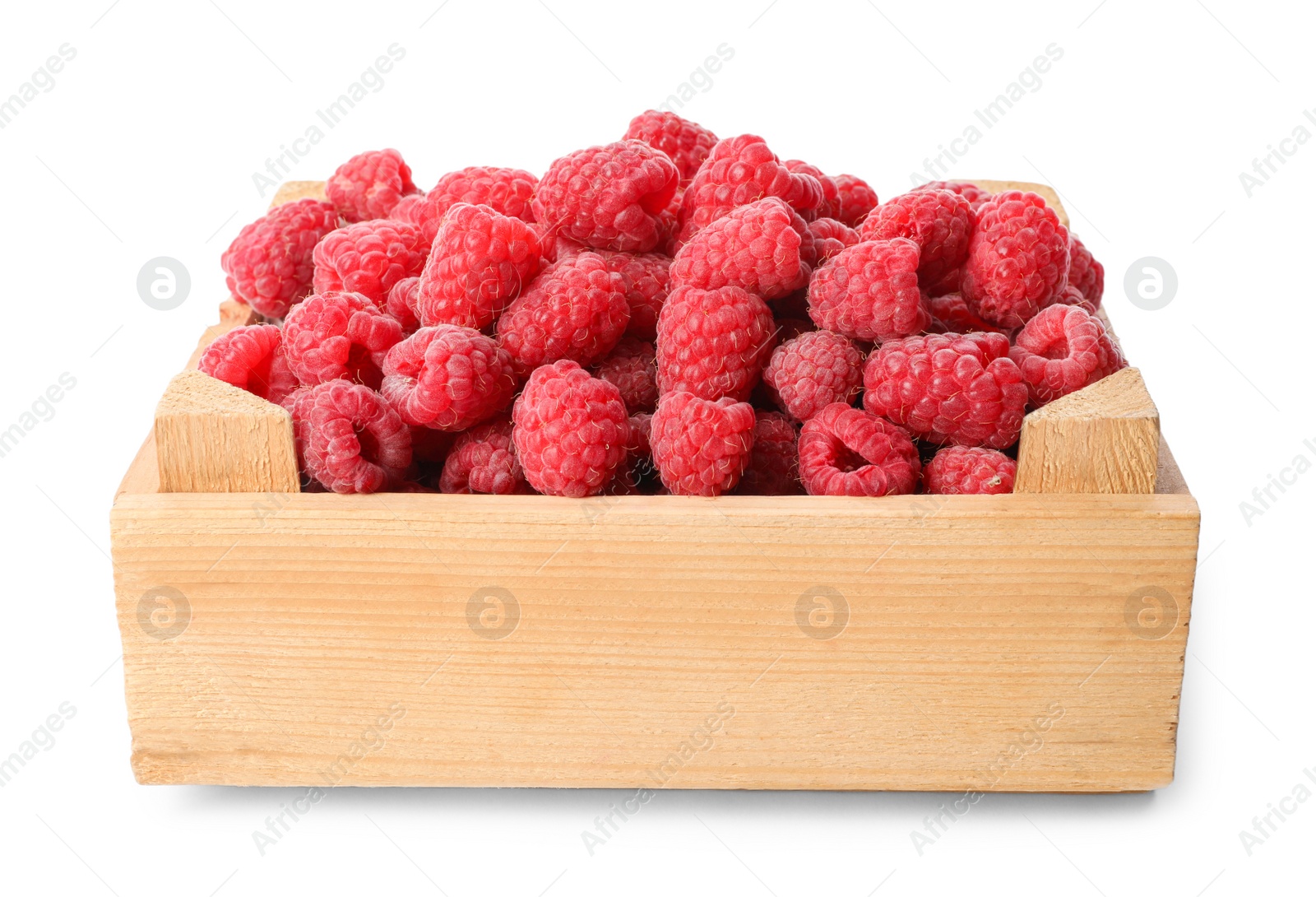 Photo of Wooden crate of delicious fresh ripe raspberries on white background