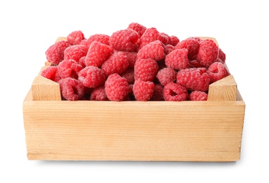 Wooden crate of delicious fresh ripe raspberries on white background