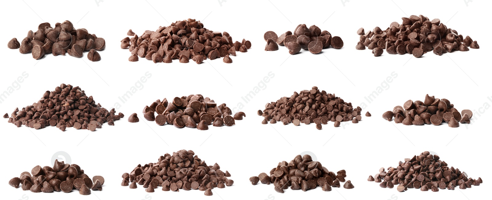 Image of Set of tasty chocolate chips isolated on white