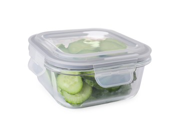 Photo of Glass container with fresh cut cucumbers isolated on white