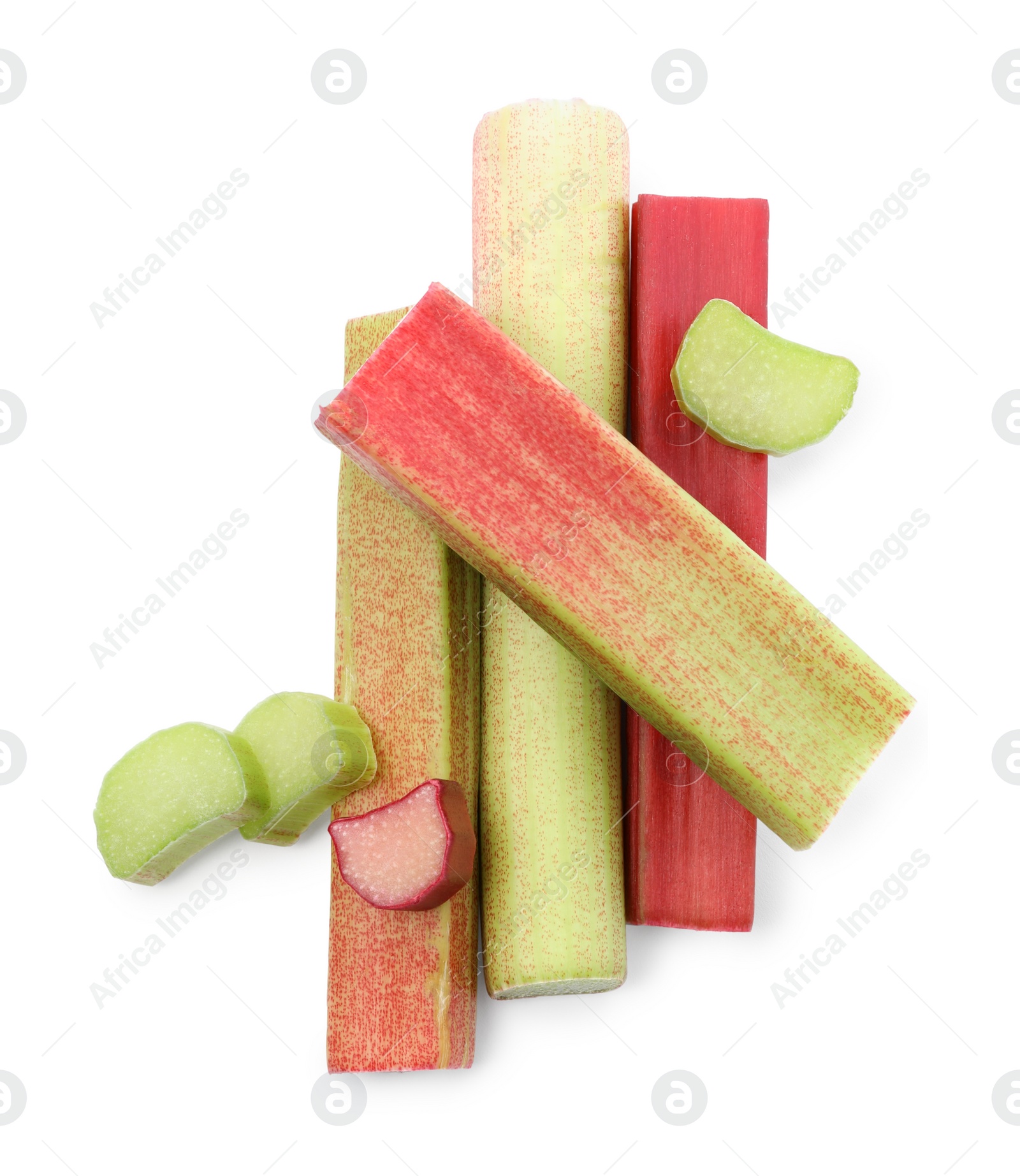 Photo of Cut fresh ripe rhubarb isolated on white, top view