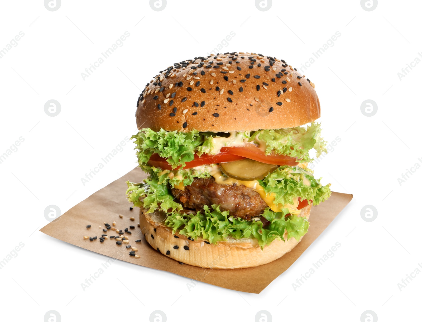 Photo of Burger with delicious patty isolated on white