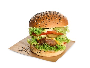Photo of Burger with delicious patty isolated on white