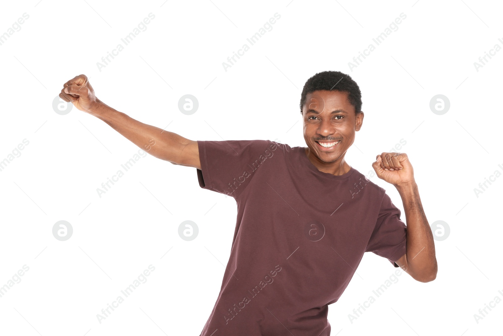 Photo of Portrait of emotional African-American man on white background