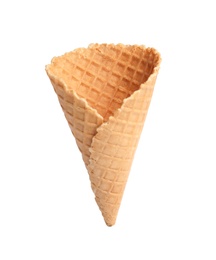 Photo of Empty wafer ice cream cone on white background