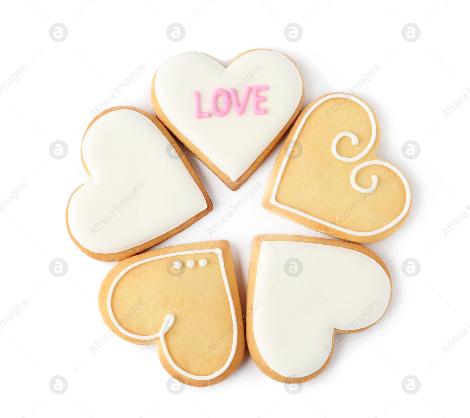 Photo of Decorated heart shaped cookies on white background, top view. Valentine's day treat