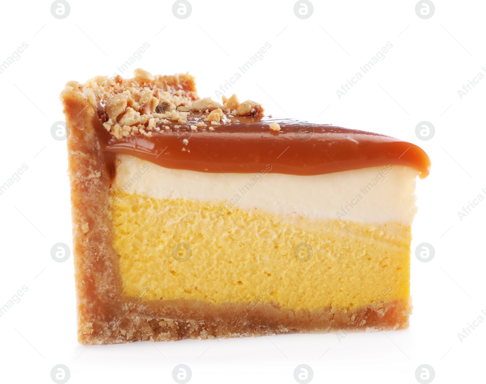 Photo of Piece of delicious cake with caramel isolated on white