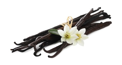 Photo of Vanilla pods, green leaf and flowers isolated on white