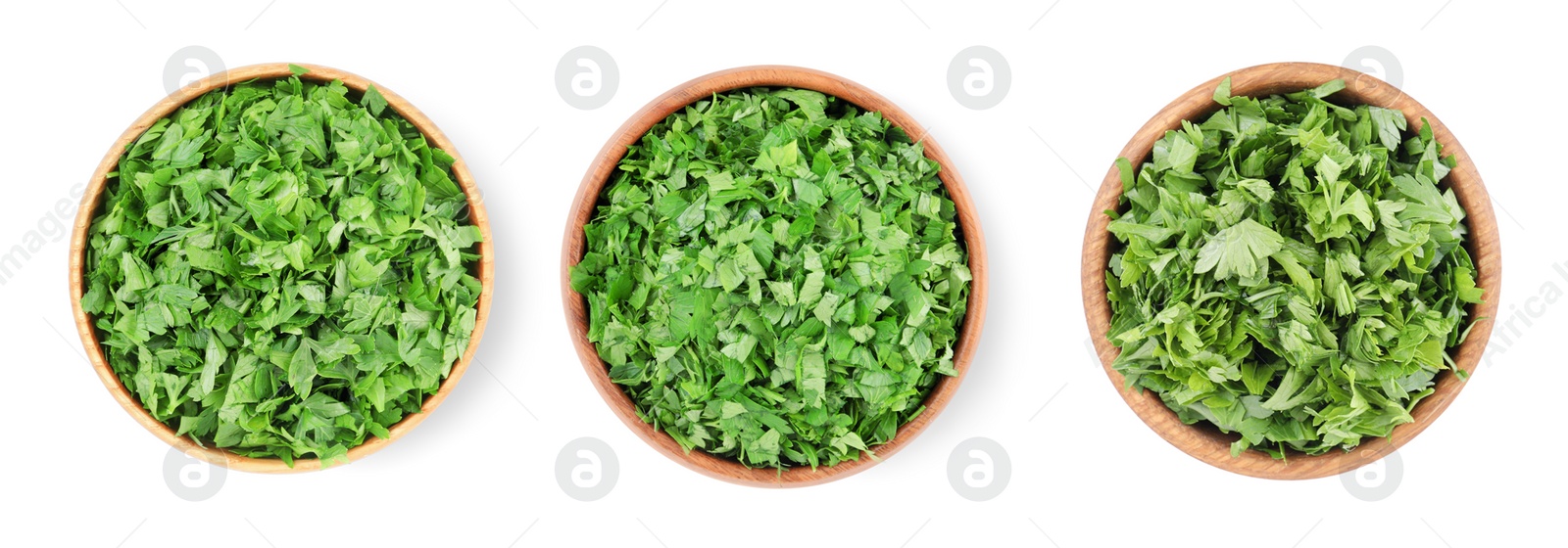 Image of Set with cut parsley in bowls isolated on white, top view