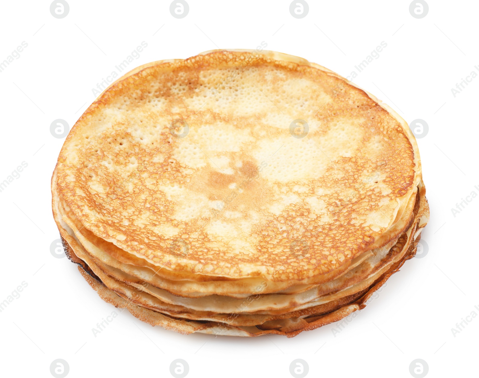 Photo of Stack of delicious crepes on white background