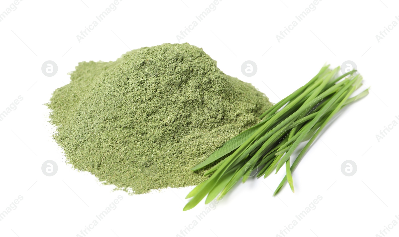 Photo of Pile of wheat grass powder and fresh sprouts isolated on white