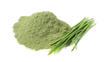 Photo of Pile of wheat grass powder and fresh sprouts isolated on white