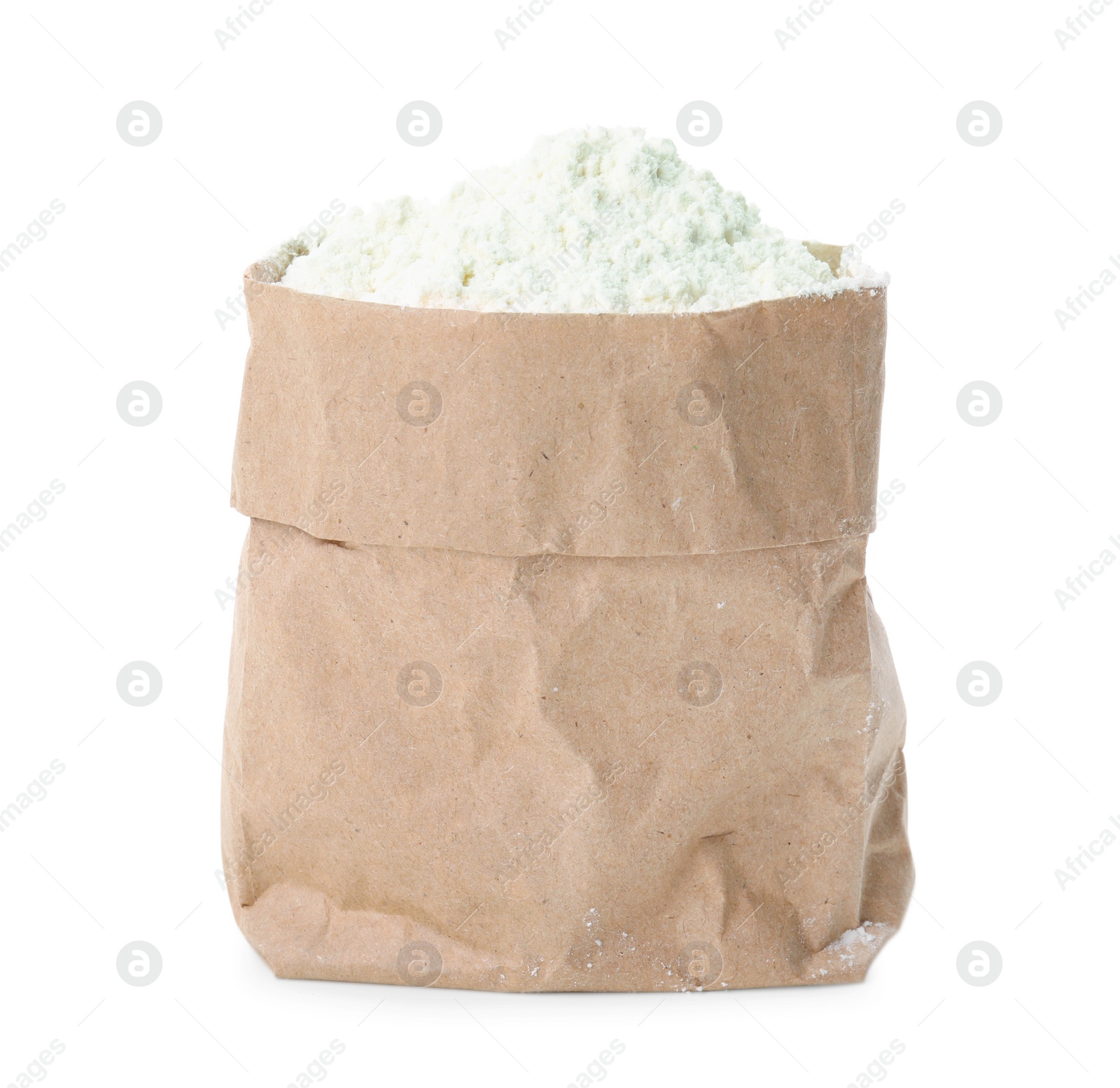 Photo of Mung bean flour in paper bag isolated on white