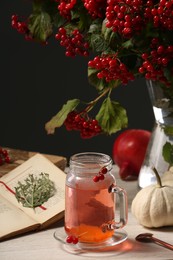 Photo of Delicious viburnum tea, book and pumpkins on wooden table against dark background. Cozy autumn atmosphere