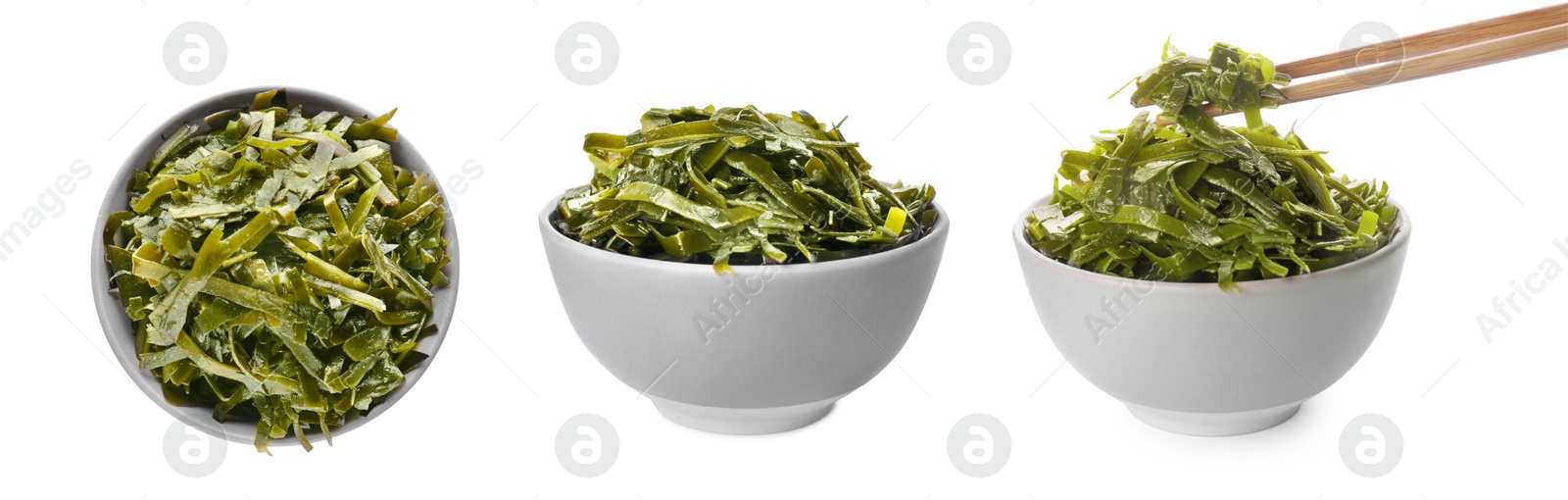 Image of Set with fresh laminaria (kelp) seaweed on white background. Banner design