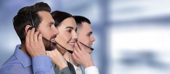 Hotline operators with headsets in office, space for text. Banner design