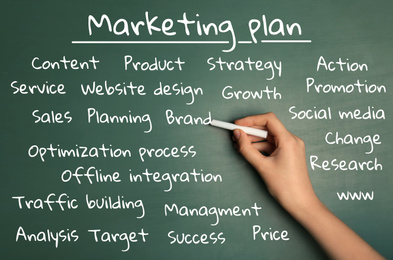 Image of Woman writing marketing plan on green chalkboard, closeup