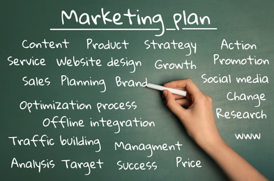 Woman writing marketing plan on green chalkboard, closeup