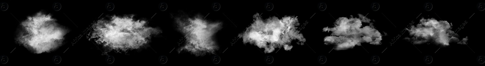 Image of Set with different clouds of white smoke on black background