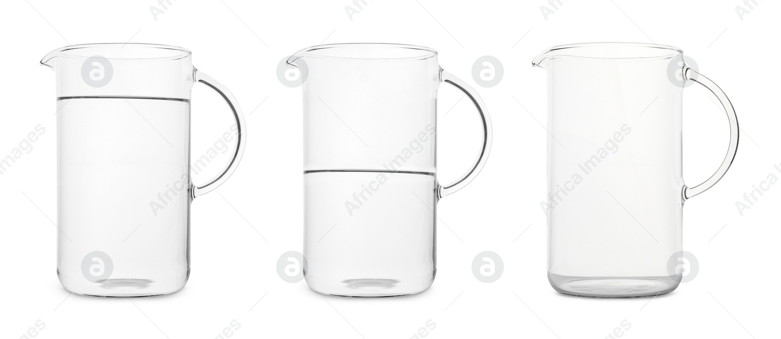 Image of Glass jug isolated on white, collage with empty, semi filled and full